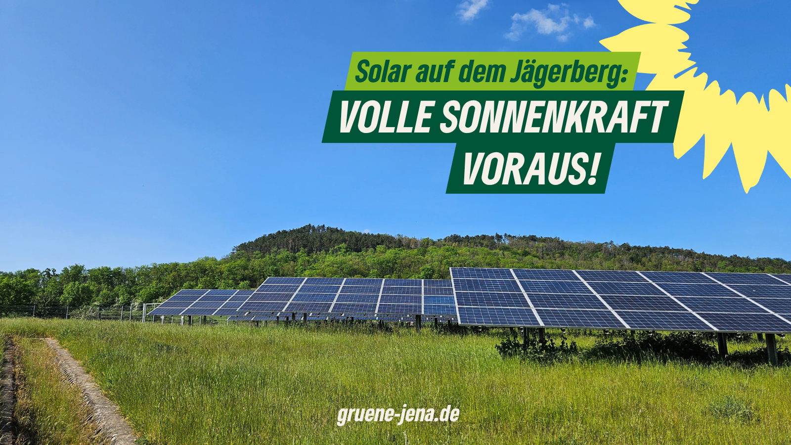 Hintergrund: Solarpark Ilmnitz. Text: Solar auf dem Jägerberg: Volle Sonnenkraft voraus!